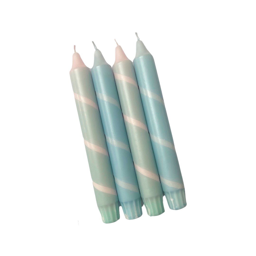 Håndyppede stearinlys i striber, blå - 4 stk.